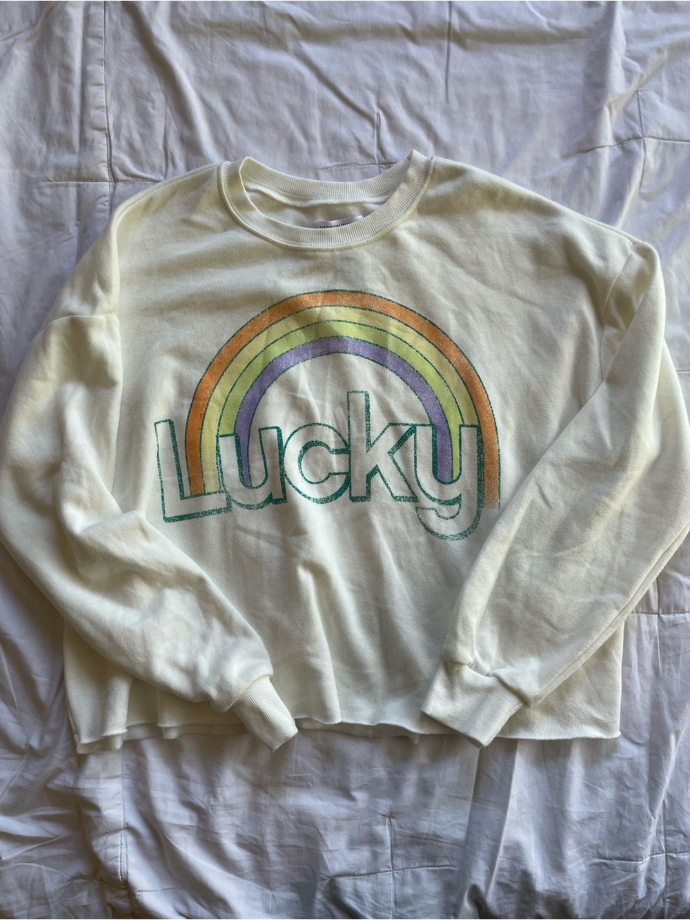 Grayson Threads Cream Crewneck with Rainbow "Lucky" Graphic